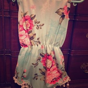 Bailey’s Blossoms 2t romper - Teal Blue with pink